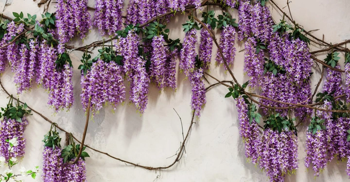 weiße Hausfassade üppig bewachsen mit lila blühendem Blauregen. Eine Schlinger-Kletterpflanze. 
