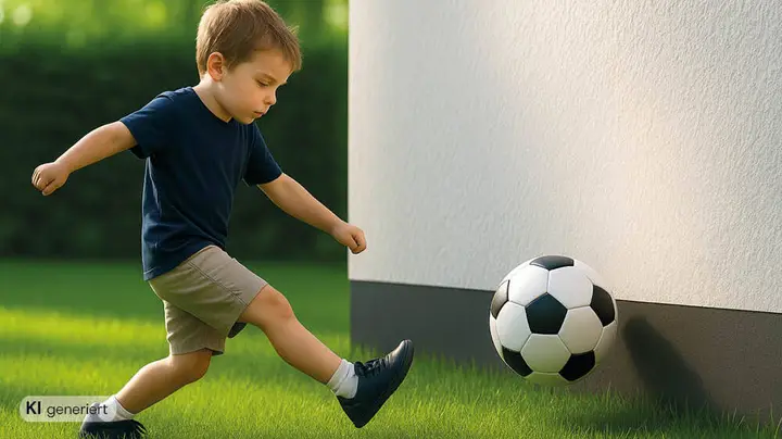 Galerie-Bild 4: KI-generiertes Bild eines kleinen Jungen, der den Fußball an die Hauswand schießt.
