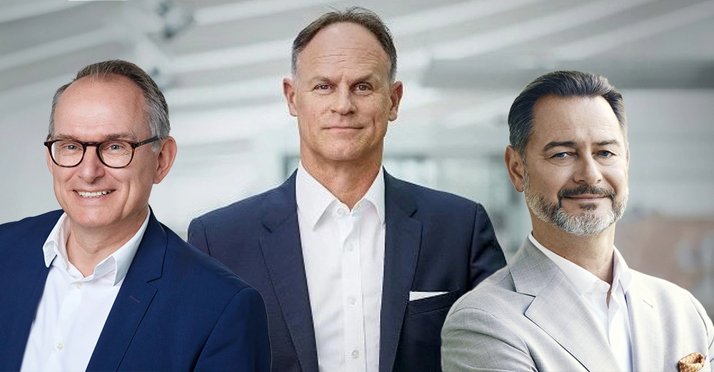 Portraits der drei Herren Scholl, Schober und Bruehl, freundlich lächelnd im Businessoutfit. 