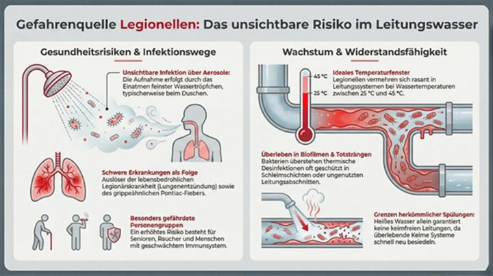 Infografik Gefahrenquelle Legionellen: Das unsichtbare Risiko im Leitungswasser