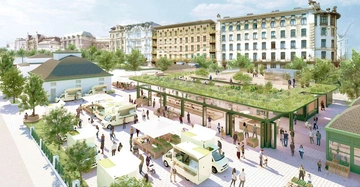 Menschen gehen zu einem Markt mit Obst- und Gemüseständen Verkäufern in weißen Lieferwagen mäßige Menschenansammlung in einem modernen Platz mit hellen Gebäuden und vielen Bäumen im Hintergrund.