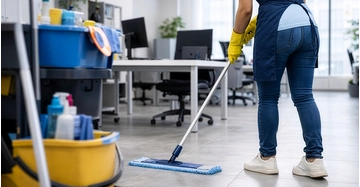 Reinigungskraft reinigt den Boden eines modernen Büros mit einem Flachwischer. Im Vordergrund stehen Reinigungsutensilien für die professionelle Büroreinigung.