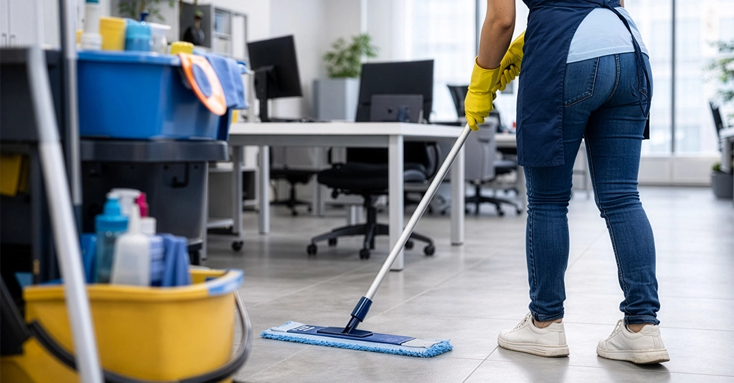 Reinigungskraft reinigt den Boden eines modernen Büros mit einem Flachwischer. Im Vordergrund stehen Reinigungsutensilien für die professionelle Büroreinigung.