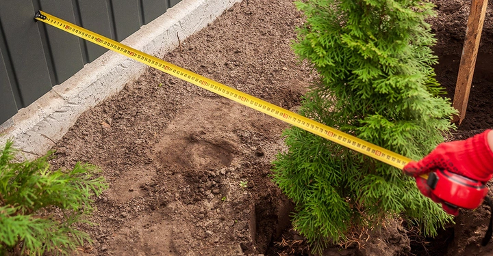 Jemand vermisst mit einem Maßband die Abstand zwischen Zaun und Garten, damit der neu eingesetzte Baum nicht über die Grundstücksgrenze wächst.