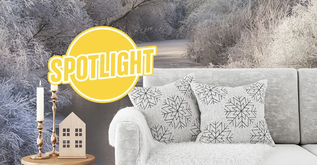 weiße Couch mit zwei Zierkissen steht vor wunderschöner Winterlandschaft