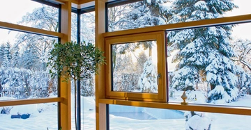 Ein grüner Baum steht in einem Zimmer vor einer großen Fensterfront während draußen eine verschneite Winterlandschaft mit schneebedeckten Bäumen und Büschen zu sehen ist.