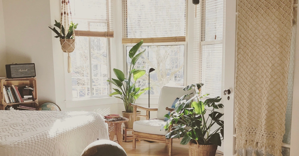 Ein gemütlicher Raum mit einem weißen Bett eine Holzkommode mit Büchern und einem Radio und mehreren Pflanzen auf dem Boden und an den Fenstern daneben ein bequemer Sessel im Sonnenlicht.