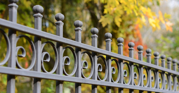 Metallzaun mit Ornamenten ruht im Sonnenlicht herbstlicher Bäume im Hintergrund.