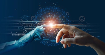 futuristische Darstellung der Adamszene von Michelangelo mit menschlicher Hand rechts und Roboterhand links.