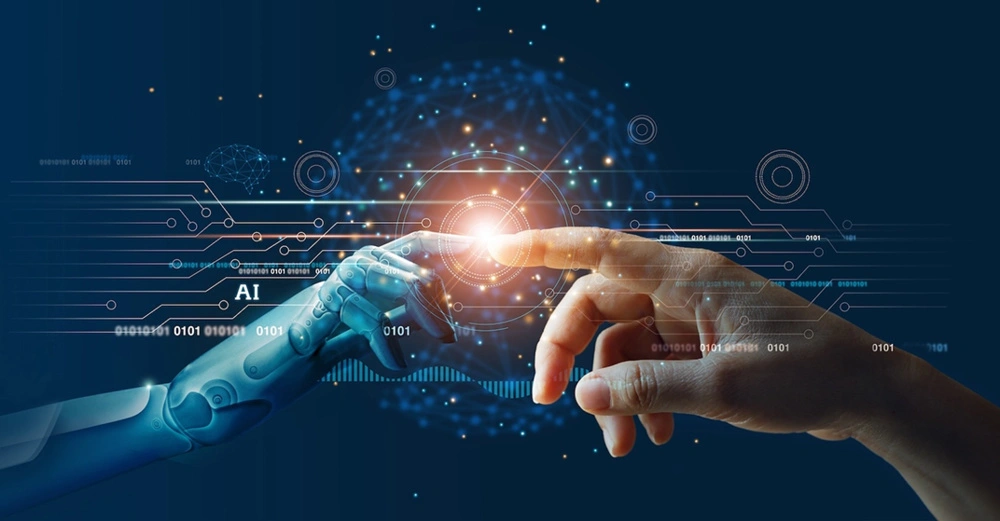 futuristische Darstellung der Adamszene von Michelangelo mit menschlicher Hand rechts und Roboterhand links.