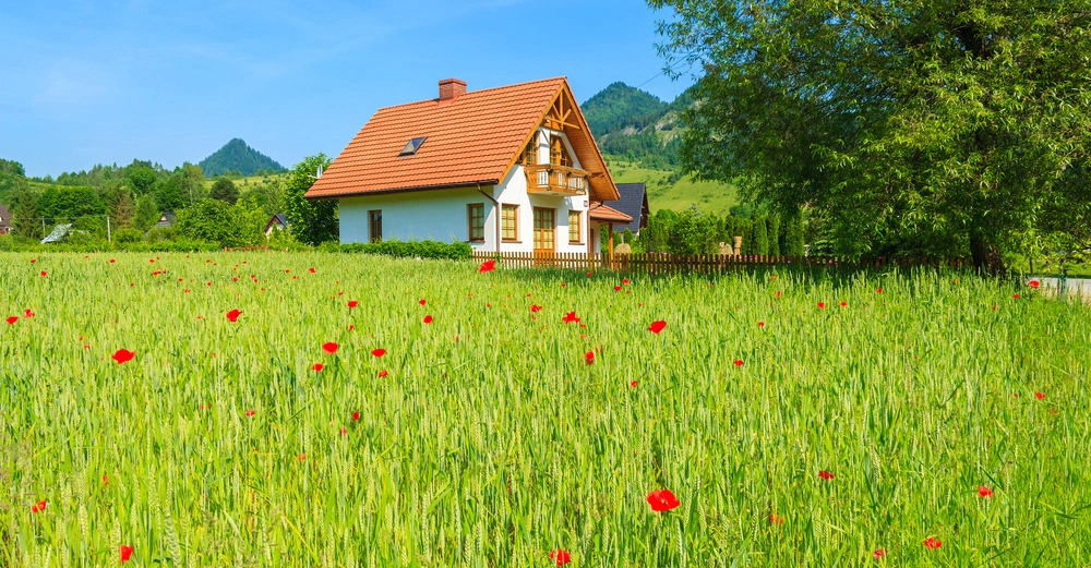 Ein kleines weißes Einfamilienhaus mit rotem Dach steht in einem blühenden Mohnfeld im Grünen mit einem Holzzaun und Bergen im Hintergrund unter blauem Himmel.