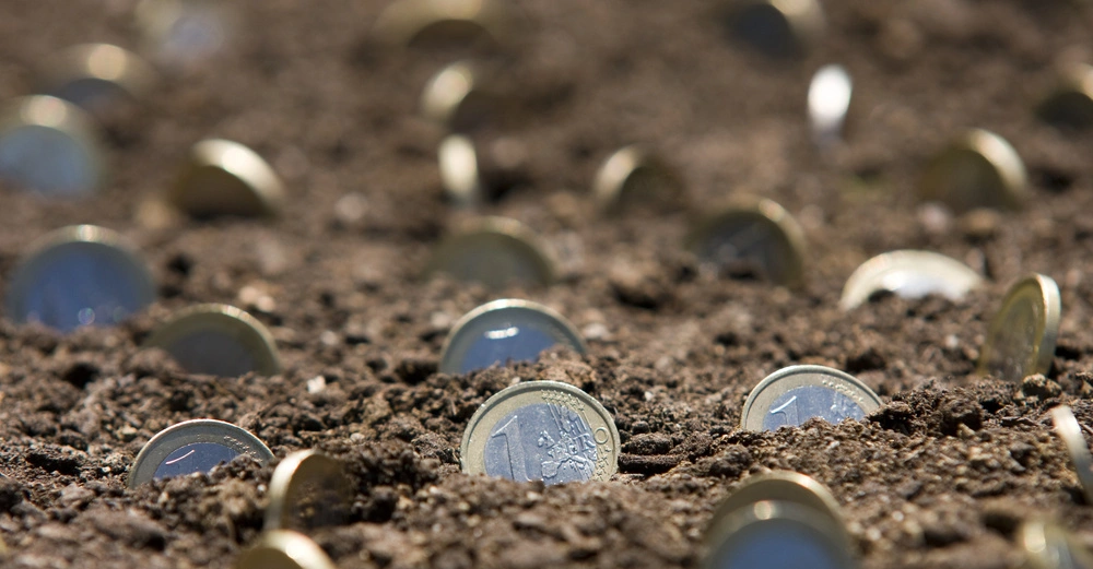 Euromünzen, die in brauner Erde stecken
