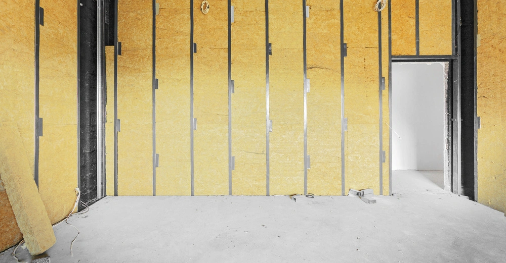 Innenraum mit Ständerwand, gelbe Dämmwolle bereits komplett eingearbeitet und Elektrokabel verlegt