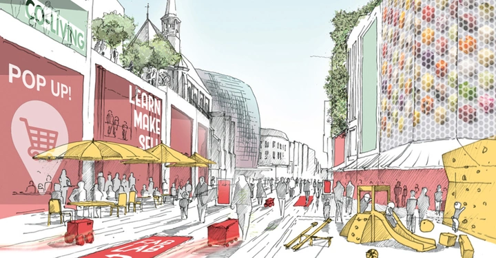 Menschen flanieren in einer belebten Fußgängerzone mit Schaufenstern und Schildern wie POP UP und LEARN MAKE SELL auf der linken Seite Spielplatz und bunte Fassaden auf der rechten Seite.