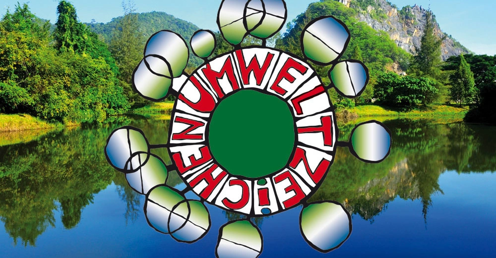 Großes kreisförmiges Logo mit dem Text Umweltzeichen in grünem Kreis schwimmend auf ruhigem See umgeben von üppigen Bäumen und Bergen im Hintergrund an einem sonnigen Tag
