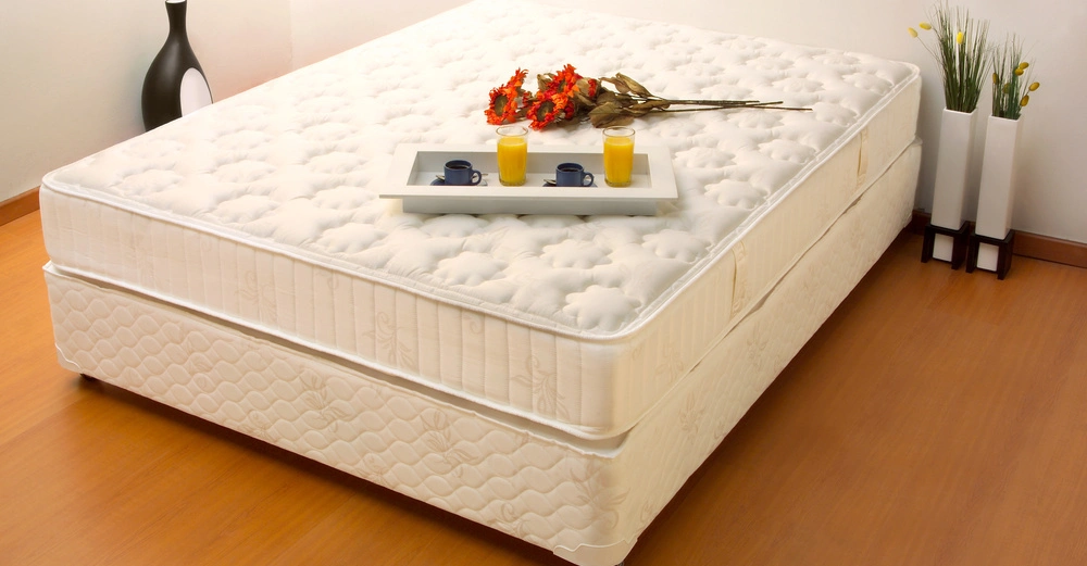 Ein Bett steht auf einem Holzfußboden. Auf dem Bett liegen ein Tablett mit Orangensaft und Kaffee sowie rote Blumen. Im Hintergrund sind eine Vase und Pflanzen zu sehen.