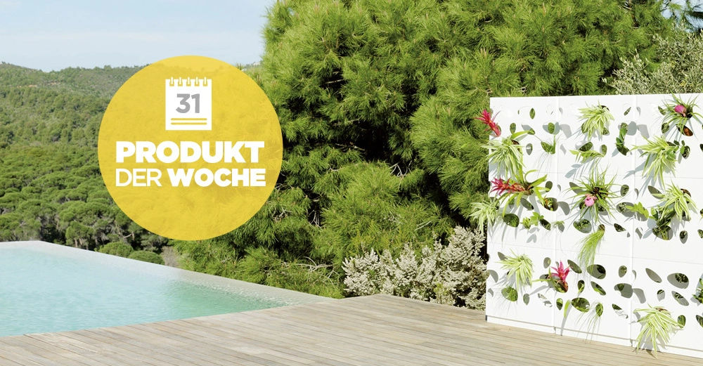 Eine grüne Pflanzenwand steht auf einem Holzdeck neben einem Infinity-Pool mit bewaldeten Hügeln im Hintergrund. Text: 31 PRODUKT DER WOCHE.