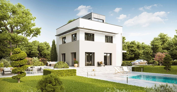 Modernes zweistöckiges Haus mit Flachdach und großen Fenstern steht in einem gepflegten Garten mit Rasen Gartenmöbeln und Swimmingpool im Vordergrund umgeben von Bäumen und grünen Pflanzen unter blauem Himmel