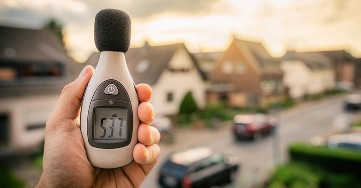 Mit einem Gerät wird die Umgebungslautstärke in dB gemessen, um Lärmbelästigung festzustellen.