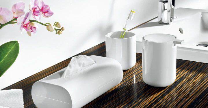 Galerie-Bild 6: Taschentuchbox mit herausragendem Tuch stehend auf hölzernem Waschbeckenrand daneben zwei Becher einem mit Zahnbürste eine Orchidee und ein Handtuch vor einem weißen Waschbecken mit einem Wasserhahn.