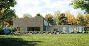 langgezogener, flacher Baukörper: Einfamilienhaus mit großem Glasbau vorne und Wohngebäude in Holz und Stein dahinter. Vordergrund grüner Rasen