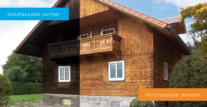 Eine Holzhütte zeigt links eine dunkle Holzfassade vor der Renovierung und rechts eine helle, gepflegte Holzfassade nach der Renovierung. Links der Hütte ist ein Garten mit Bäumen und Rasen. Text: Holzfassade vorher Holzfassade danach