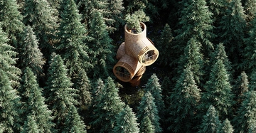 Holzhaus steht ruhig im dichten Wald bündig mit hohen Nadelbäumen baumgekrönte zylindrische Struktur betont natürliche Umgebung lichtdurchflutete Fenster ragen heraus harmonische Einbettung grüner Natur.