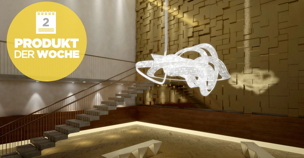 Leuchtende Skulptur schwebt im modernen Innenraum mit Treppe und geometrischen Wandmuster; Text: 2 PRODUKT DER WOCHE in gelbem Kreis oben links