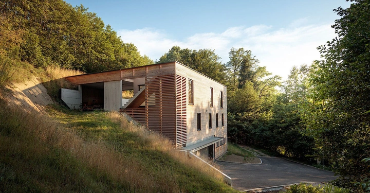 Ein modernes, rechteckiges Holzhaus steht an einem bewaldeten Hang ist in die Natur integriert und von einer gepflasterten Straße umgeben