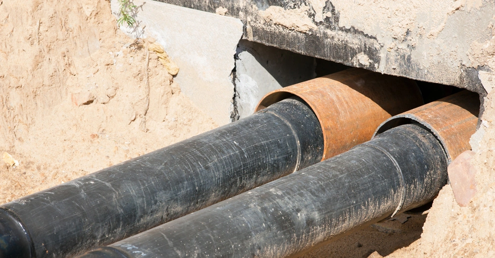 zwei Drainagerohre, die aus Fundament ragen zur Entwässerung