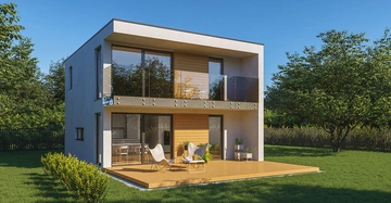 Zweistöckiges modernes Haus steht auf gepflegtem Rasen zwei Stühle und ein Tischchen auf der Terrasse umgeben von Bäumen und Sträuchern in ruhiger Gartenumgebung unter blauem Himmel.