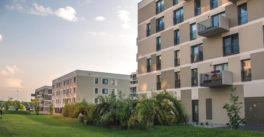 Mehrstöckige Wohngebäude mit Balkonen stehen nebeneinander im Freien bei Sonnenuntergang umgeben von Rasenflächen und Bäumen