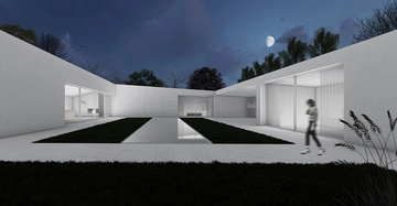 Person geht durch einen modernen Innenhof mit einem rechteckigen Wasserbecken und umliegendem grasbewachsenen Bereich unter einem bewölkten Nachthimmel mit sichtbarem Mond und umgeben von minimalistischen weißen Gebäuden.