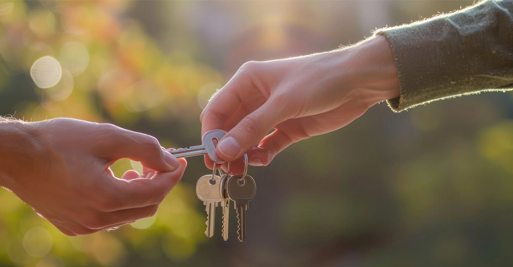 zwei Hände, eine übergibt der anderen die Haustürschlüssel. Im Hintergrund warme Farben und blurred Kulisse. 
