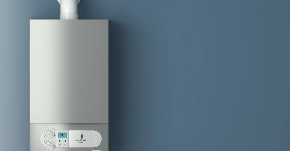 Gasgefeuerter Boiler hängt an einer blauen Wand arbeitet mit Anzeige auf 45 Grad und mehreren Anschlüssen darunter Ab- und Einschalter sowie Kontrollleuchten sind sichtbar.