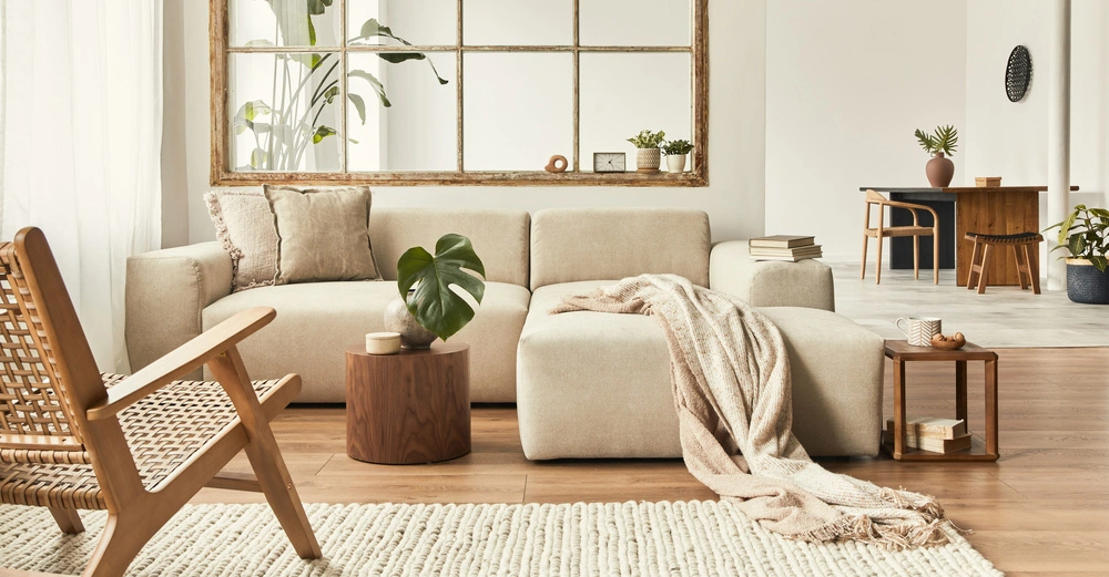 Beige Sofa mit Kissen ruht neben einem Beistelltisch mit Pflanze in modernem Wohnzimmer mit Holzstuhl Teppich und großem Fenster Spiegel in hellem und offenem Wohnbereich mit Pflanzen und Holzmöbeln