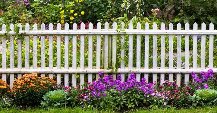 Ein weißer Lattenzaun mit Blumen und Pflanzen als Nachbarschaftsgrenze im Garten.