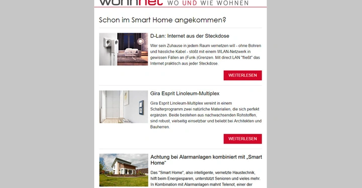 Wohnnet-Website zeigt drei Artikel mit Bildern zu Smart Home-Features in einem modernen Wohnungskontext. Die Titel lauten D-Lan Internet aus der Steckdose Gira Esprit Linoleum-Multiplex und Achtung bei Alarmanlagen kombiniert mit Smart Home