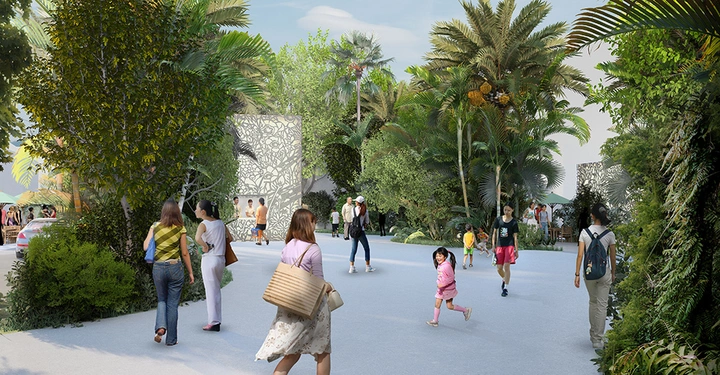 Menschen spazieren in einem üppigen, grünen Garten mit Palmen und Sträuchern bei schönem Wetter. Mehrere Menschen gehen, stehen oder unterhalten sich in der offenen Umgebung.