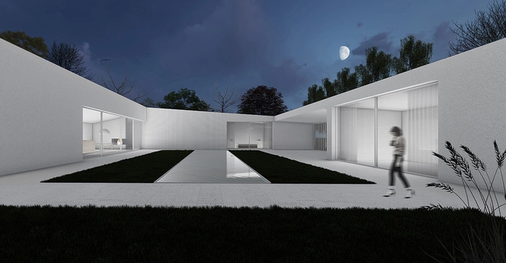 Galerie-Bild 1: Person geht durch einen modernen Innenhof mit einem rechteckigen Wasserbecken und umliegendem grasbewachsenen Bereich unter einem bewölkten Nachthimmel mit sichtbarem Mond und umgeben von minimalistischen weißen Gebäuden.