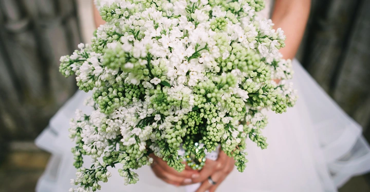 Brautstrauß aus weißen und grünen Blüten halten zwei Hände in einem weißen Hochzeitskleid fest vor einem unscharfen Hintergrund mit Zaun.