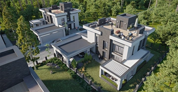 Siedlung moderner Stadthäuser mit Flachdachaufbau und Dachterrassen, auf denen sich Menschen tummeln. Grüne Parks rundum, 3D-Rendering