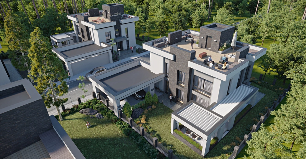 Siedlung moderner Stadthäuser mit Flachdachaufbau und Dachterrassen, auf denen sich Menschen tummeln. Grüne Parks rundum, 3D-Rendering