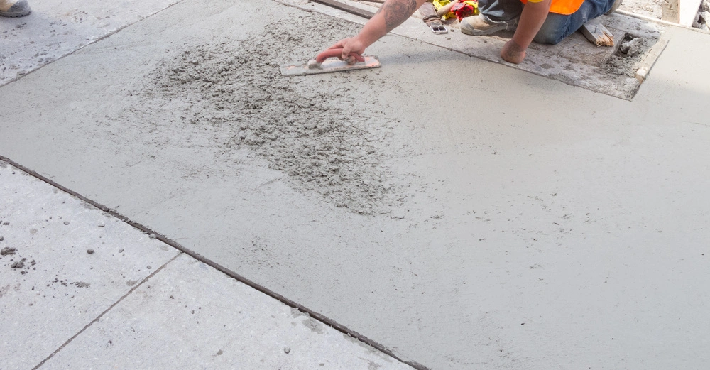 Ein Bauarbeiter glättet frisch gegossenen Beton mit einem Werkzeug auf einer Baustellenfläche umgeben von Betonplatten und Baumaterialien