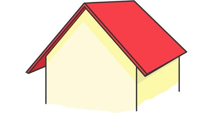 Ein einfaches gelbes Haus mit rotem Satteldach steht auf einer weißen Fläche und hebt sich deutlich vom Hintergrund ab.