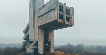 Brutalistisches Denkmal aus Beton in nebeliger Landschaft. Architekturbeispiel aus Osteuropa