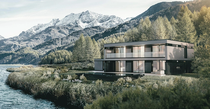 Floating House von Griffner und Studio F.A. Porsche in einer Totalen am Ufer eines Sees, umgeben von Bergkulisse und Wald. 