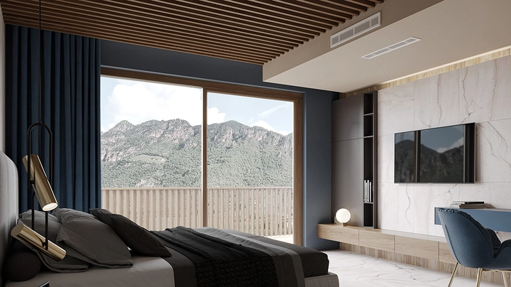 Galerie-Bild 4: Schlafzimmer mit großer Fensterfront und Klimaanlage in der Decke.