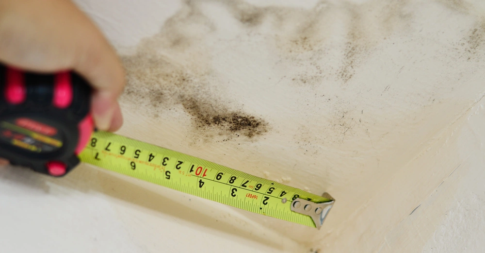 Hand hält Maßband das ein Schimmelbefall an der Decke neben der Wand misst der sich in einer Ecke befindet.