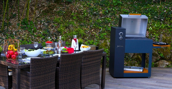 Ein gedeckter Gartentisch steht auf einer Holzterrasse neben einem modernen Grill im Hintergrund umgeben von üppigem Grün. Auf dem Tisch liegen Salate Obst Geschirr und Gläser.